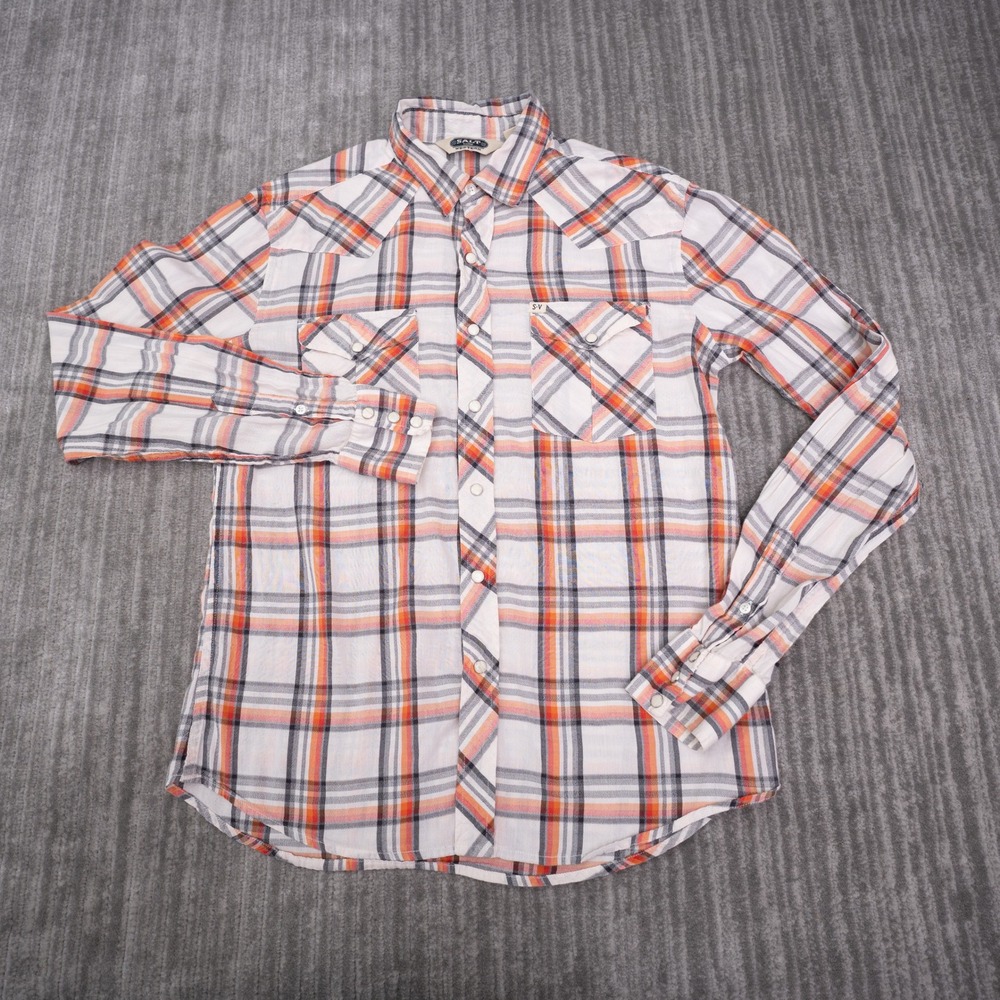 Salt Valley Western Shirt Womens M White Orange Plaid Excellent Snap Button Down